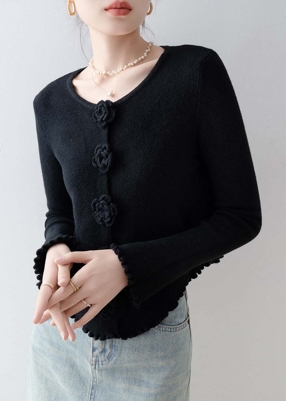 French Black O Neck Floral Ruffled Knitted Tops Spring