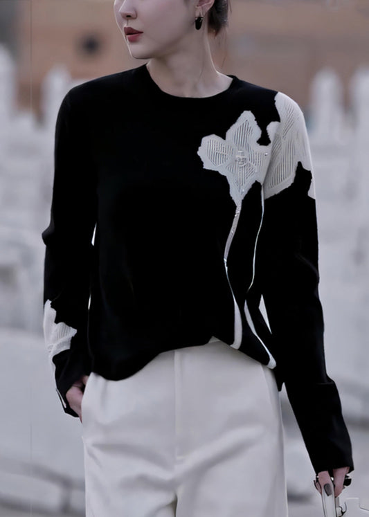 French Black O Neck Print Nail Bead Knit Sweater Fall