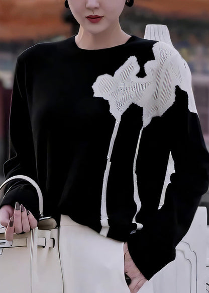 French Black O Neck Print Nail Bead Knit Sweater Fall