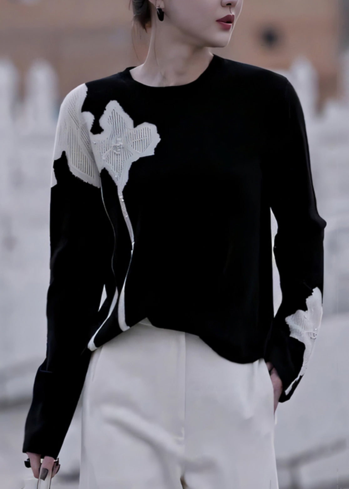 French Black O Neck Print Nail Bead Knit Sweater Fall