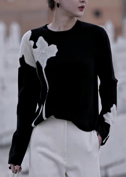 French Black O Neck Print Nail Bead Knit Sweater Fall