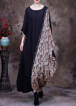 Load image into Gallery viewer, French Black O Neck Print Patchwork Silk Long Dresses Half Sleeve