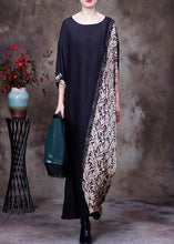 Load image into Gallery viewer, French Black O Neck Print Patchwork Silk Long Dresses Half Sleeve