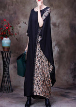 Load image into Gallery viewer, French Black O Neck Print Patchwork Silk Long Dresses Half Sleeve