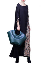 Load image into Gallery viewer, French Black O Neck Print Patchwork Silk Long Dresses Half Sleeve