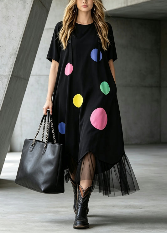 French Black O Neck Print Tulle Patchwork Cotton Long Dress Summer