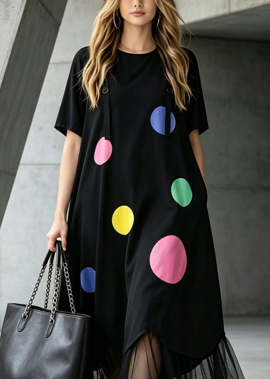 French Black O Neck Print Tulle Patchwork Cotton Long Dress Summer