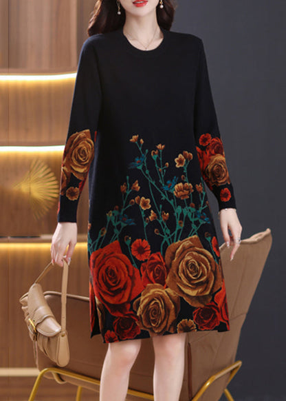 French Black O-Neck Print Wool Knit Dresses Spring