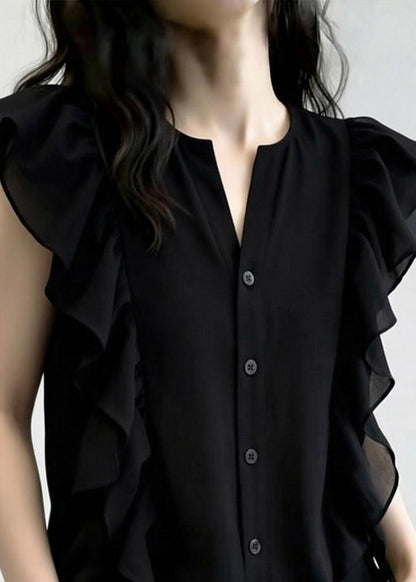 French Black O-Neck Ruffled Patchwork Chiffon Shirt Summer