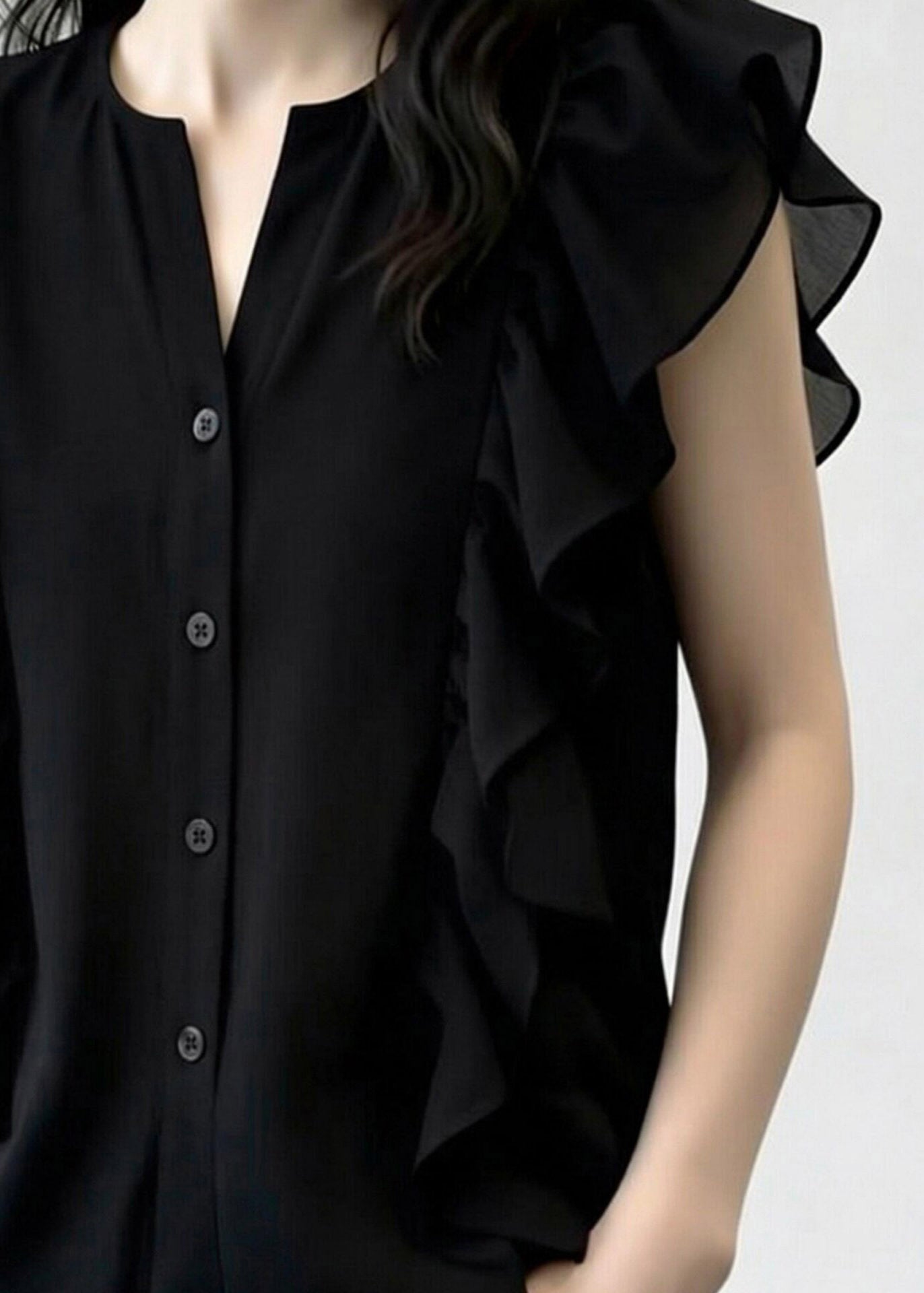 French Black O-Neck Ruffled Patchwork Chiffon Shirt Summer