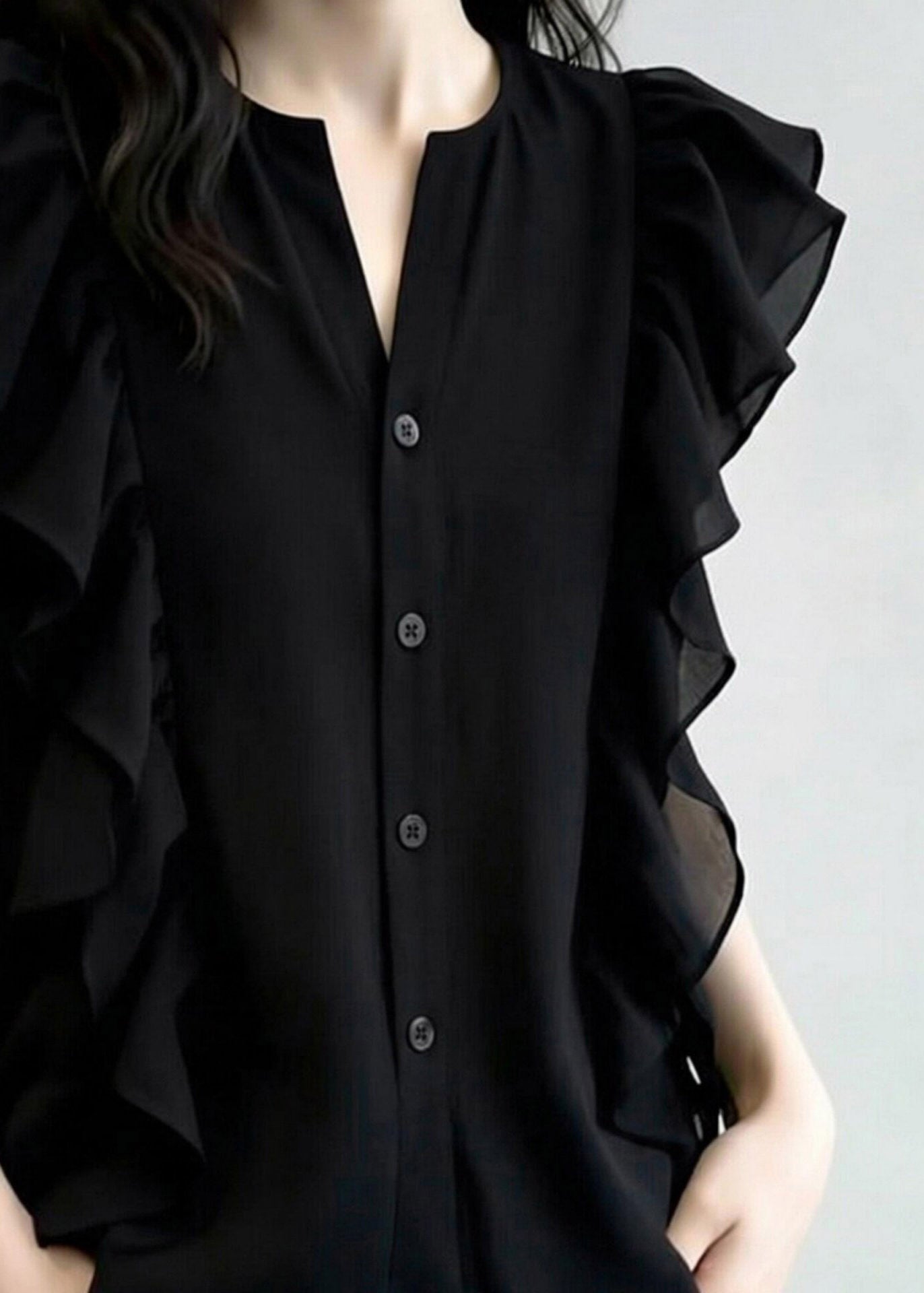 French Black O-Neck Ruffled Patchwork Chiffon Shirt Summer