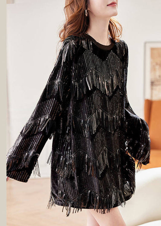 French Black O-Neck Tassel Silk Velour Chiffon Shirt Long Sleeve