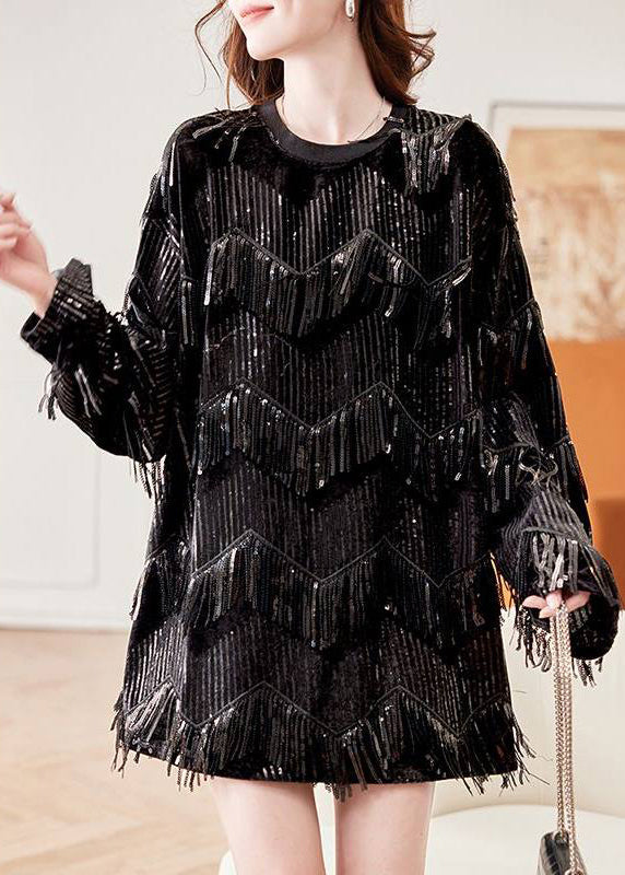 French Black O-Neck Tassel Silk Velour Chiffon Shirt Long Sleeve