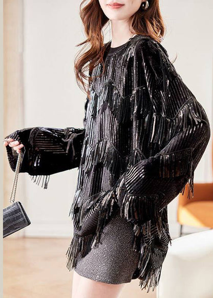 French Black O-Neck Tassel Silk Velour Chiffon Shirt Long Sleeve