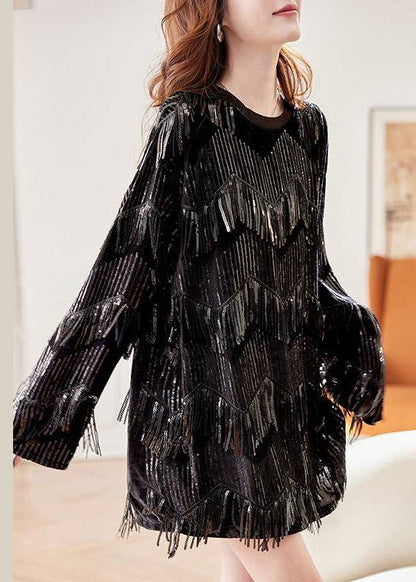 French Black O-Neck Tassel Silk Velour Chiffon Shirt Long Sleeve