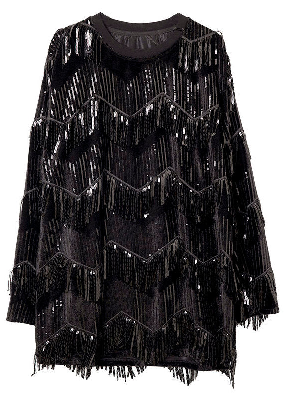 French Black O-Neck Tassel Silk Velour Chiffon Shirt Long Sleeve