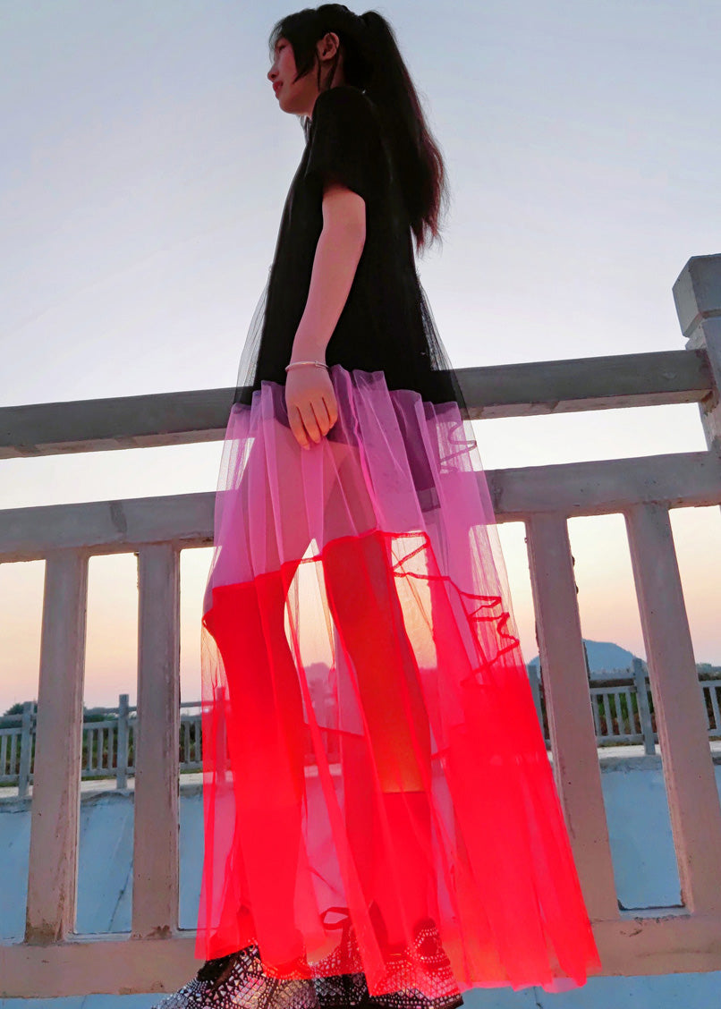 French Black O Neck Tulle Patchwork Cotton Long Dresses Summer