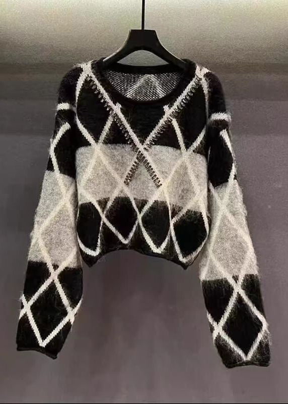 French Black O Neck Zircon Patchwork Knit Sweaters Spring