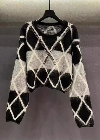 French Black O Neck Zircon Patchwork Knit Sweaters Spring