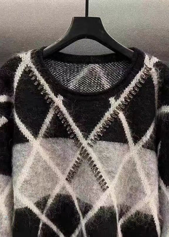 French Black O Neck Zircon Patchwork Knit Sweaters Spring