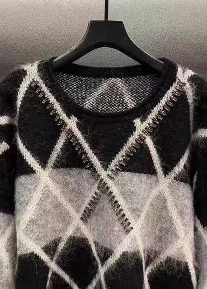 French Black O Neck Zircon Patchwork Knit Sweaters Spring