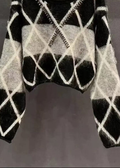 French Black O Neck Zircon Patchwork Knit Sweaters Spring