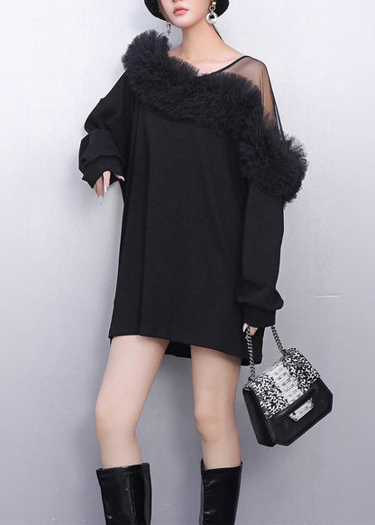 French Black One Shoulder Patchwork Cotton Mini Dress Spring