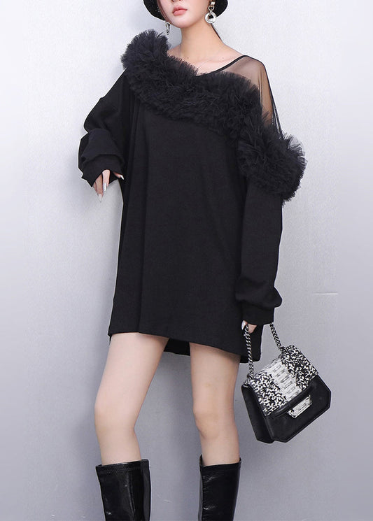 French Black One Shoulder Patchwork Cotton Mini Dress Spring