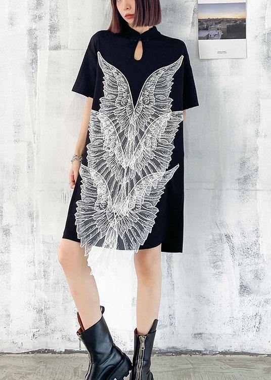 French Black Oriental Appliques Shift Dresses Summer - SooLinen