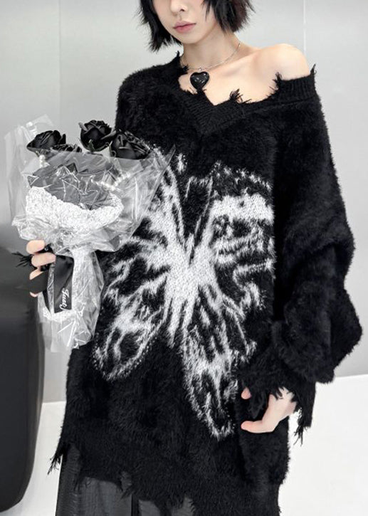 French Black Oversized Butterfly Ripped Faux Mink Velvet Knit Pullover Winter