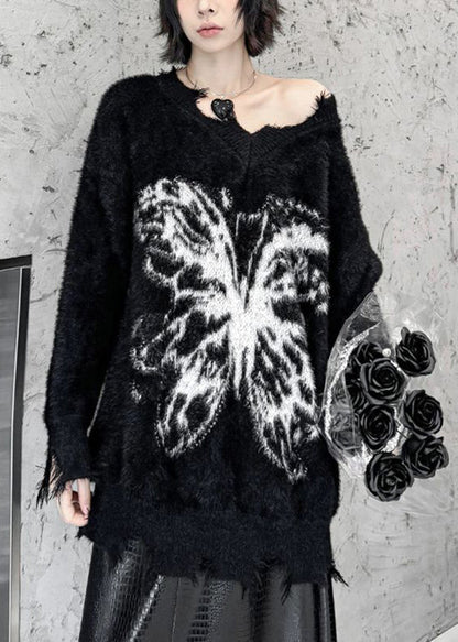 French Black Oversized Butterfly Ripped Faux Mink Velvet Knit Pullover Winter