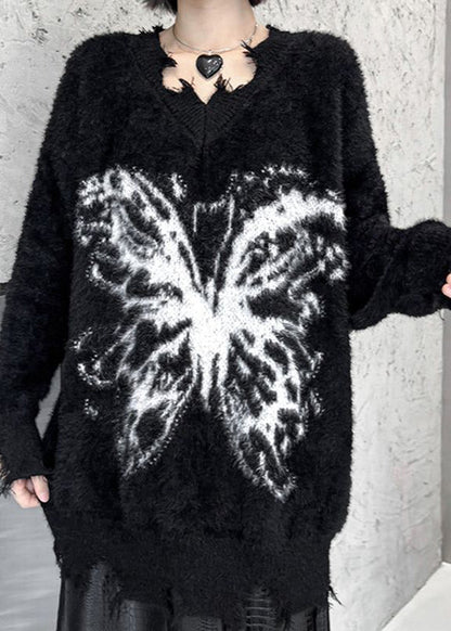 French Black Oversized Butterfly Ripped Faux Mink Velvet Knit Pullover Winter