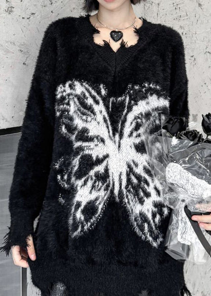 French Black Oversized Butterfly Ripped Faux Mink Velvet Knit Pullover Winter