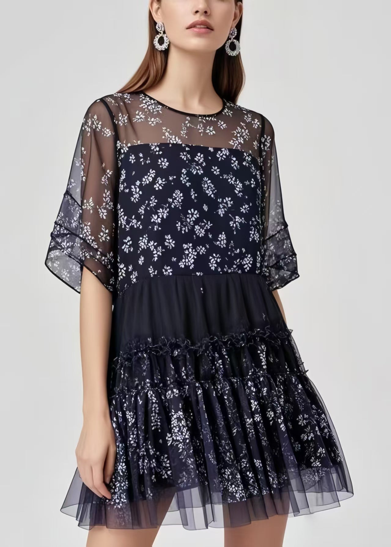 French Black Oversized Patchwork Chiffon Work Dress Summer