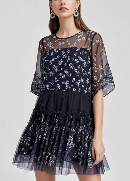 French Black Oversized Patchwork Chiffon Work Dress Summer