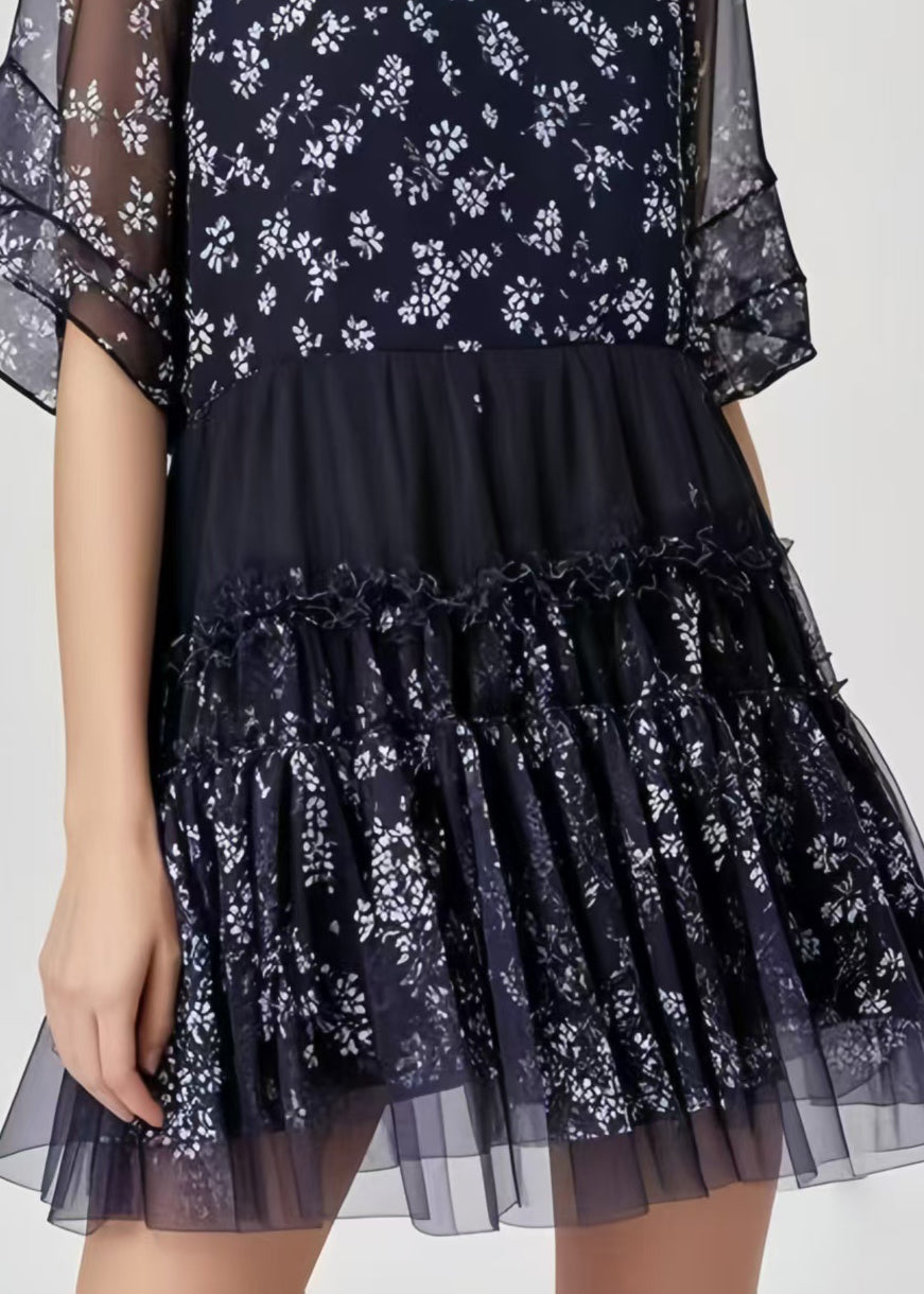 French Black Oversized Patchwork Chiffon Work Dress Summer