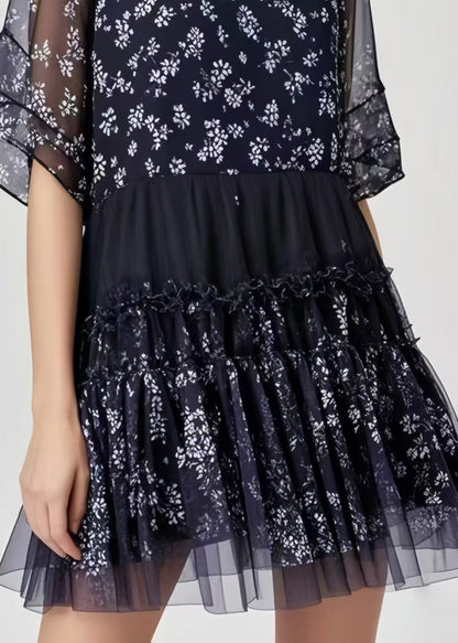 French Black Oversized Patchwork Chiffon Work Dress Summer