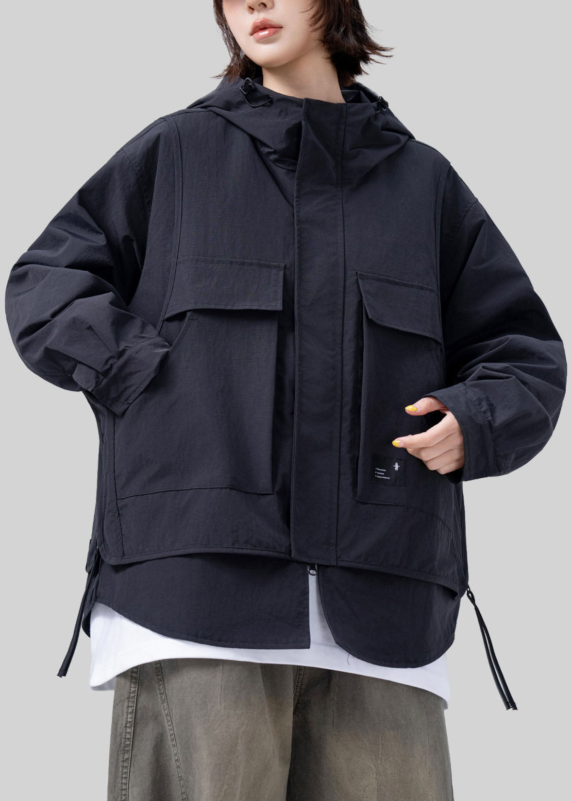 French Black Oversized Patchwork Cotton Fake Two Piece Coat Fall