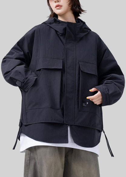 French Black Oversized Patchwork Cotton Fake Two Piece Coat Fall
