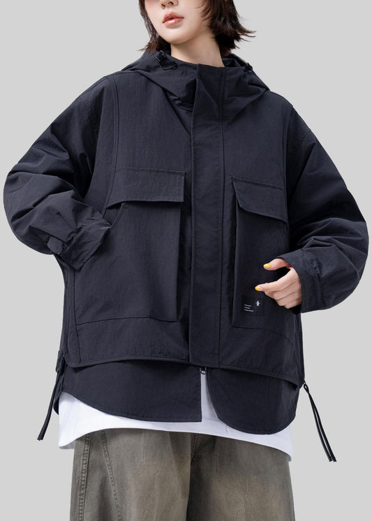 French Black Oversized Patchwork Cotton Fake Two Piece Coat Fall