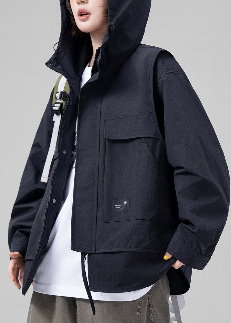 French Black Oversized Patchwork Cotton Fake Two Piece Coat Fall