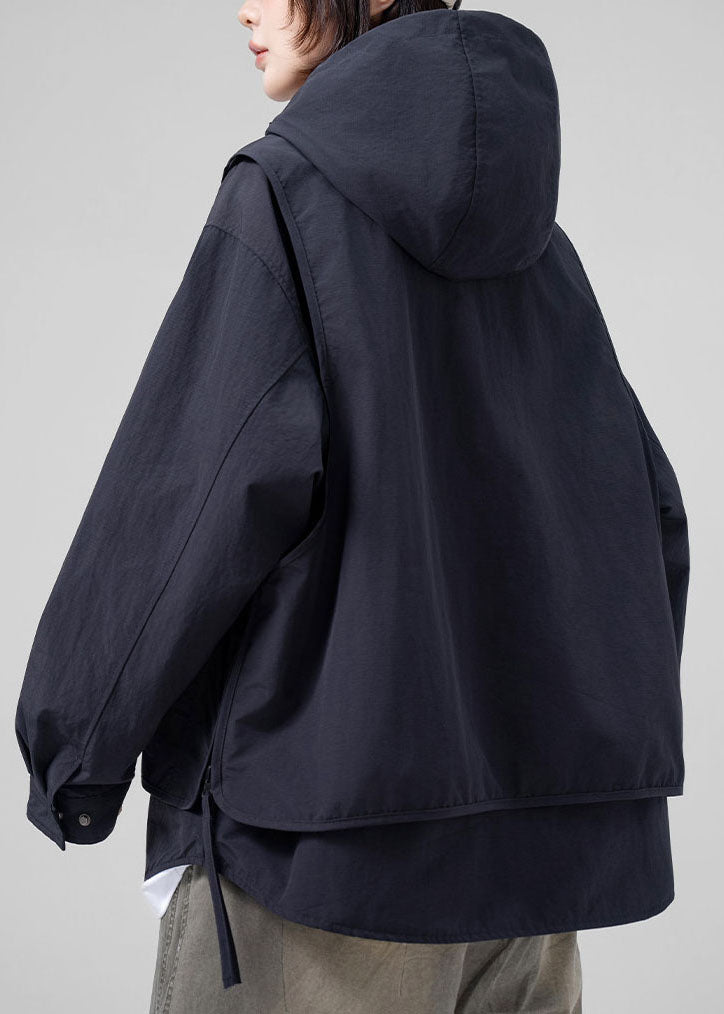 French Black Oversized Patchwork Cotton Fake Two Piece Coat Fall