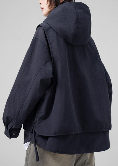 French Black Oversized Patchwork Cotton Fake Two Piece Coat Fall