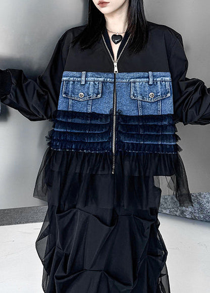 French Black Oversized Patchwork Denim Coat Fall