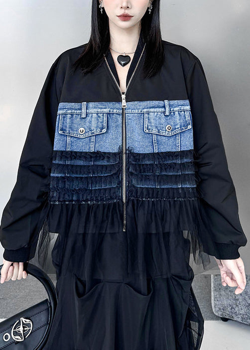 French Black Oversized Patchwork Denim Coat Fall
