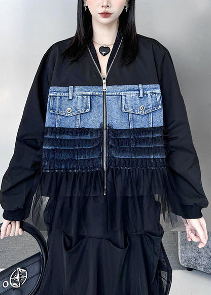 French Black Oversized Patchwork Denim Coat Fall