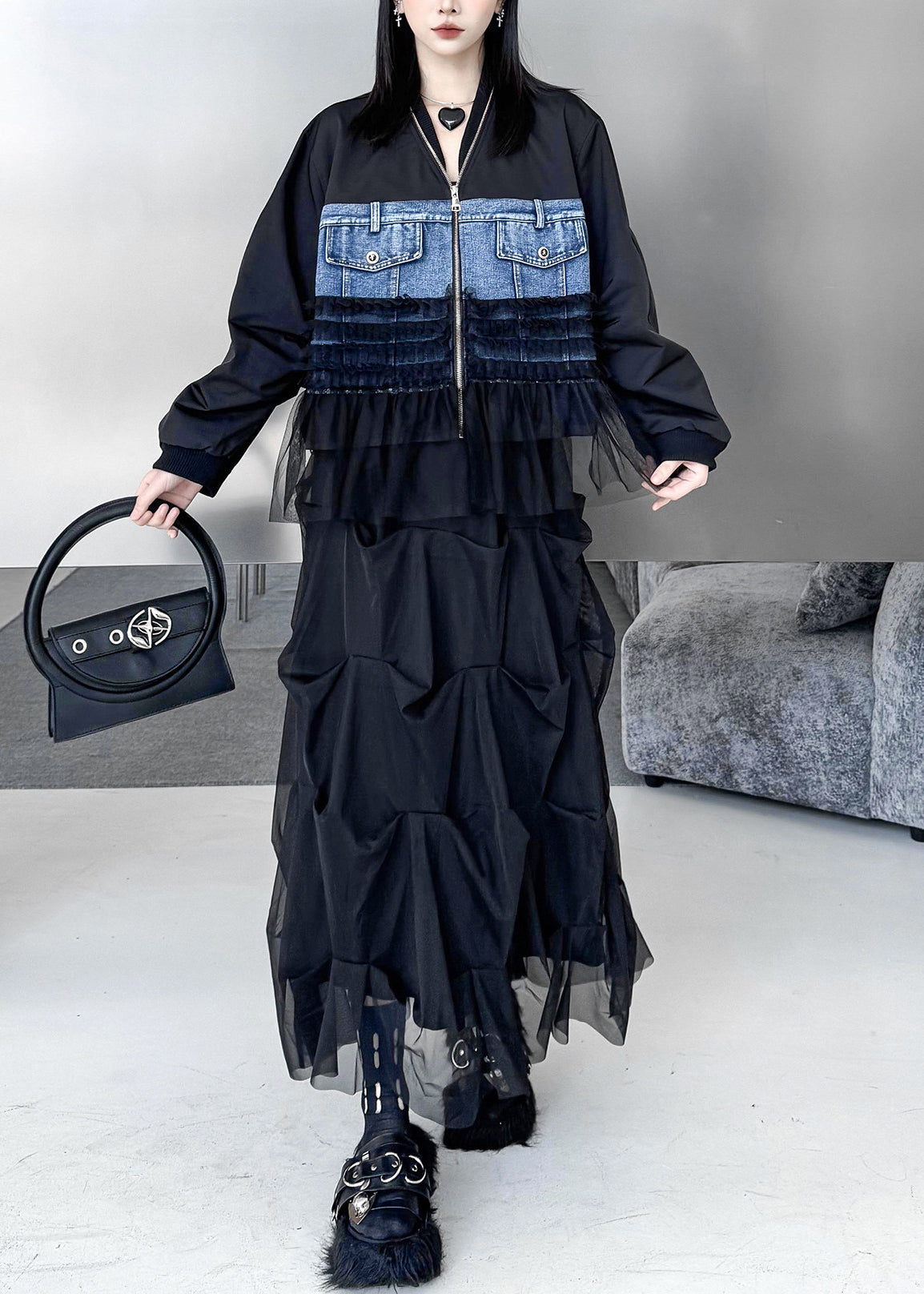 French Black Oversized Patchwork Denim Coat Fall