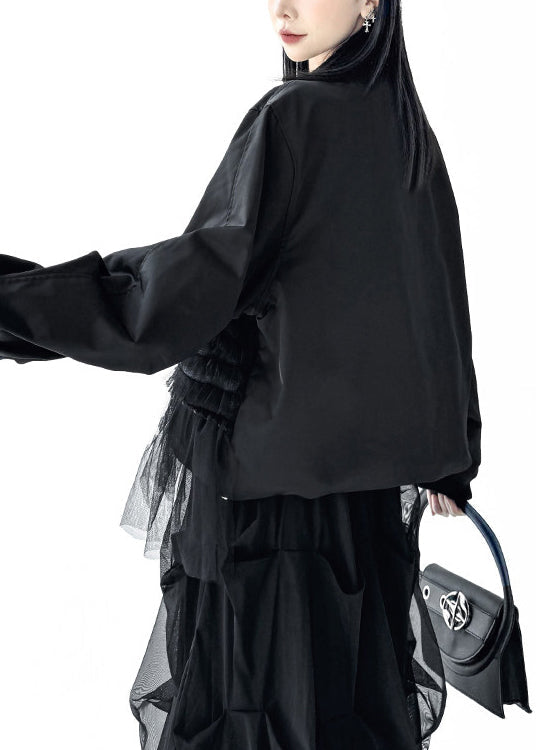 French Black Oversized Patchwork Denim Coat Fall