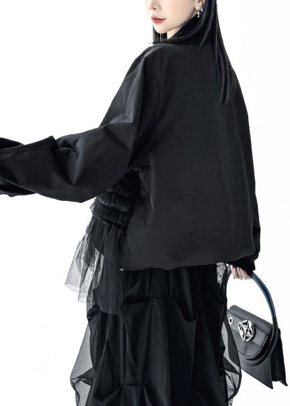 French Black Oversized Patchwork Denim Coat Fall