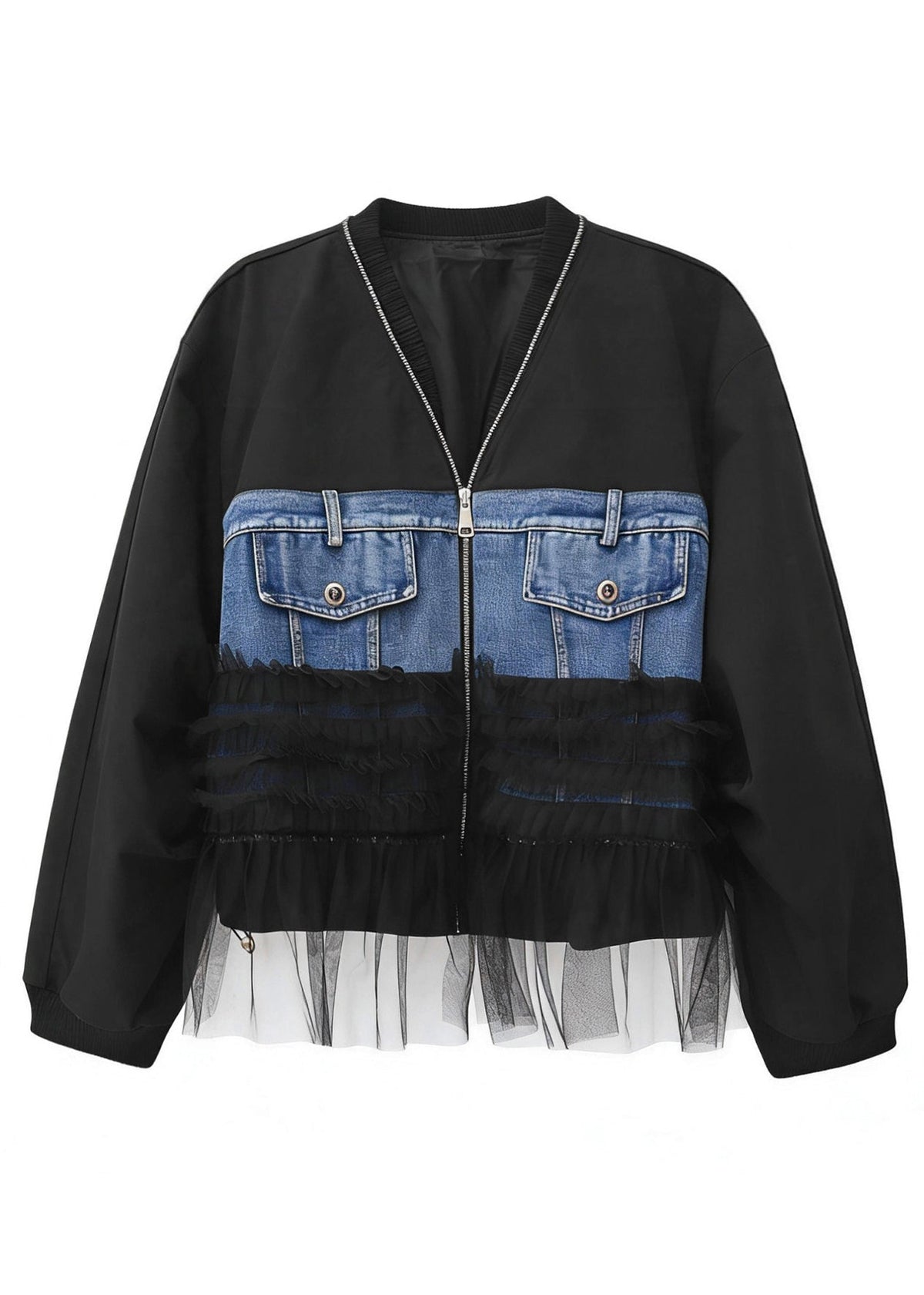 French Black Oversized Patchwork Denim Coat Fall